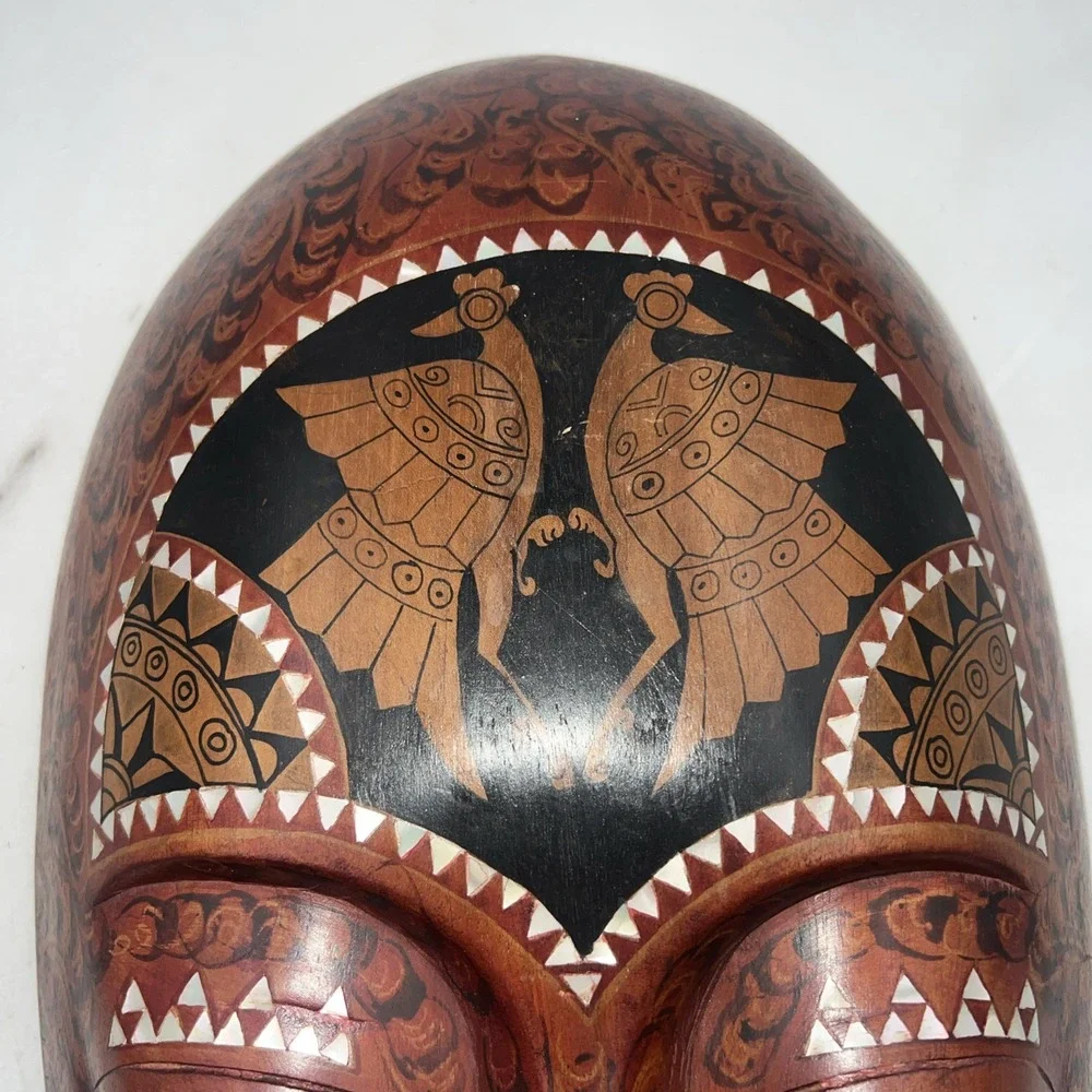 Vintage Malacca Malaysian Wood Mask Carved With Mother Of Pearl Inlay